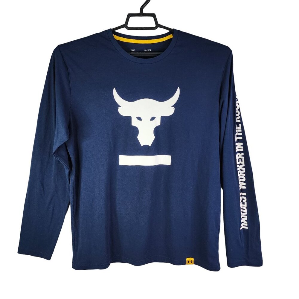 Mens Blue Under Armour Project Rock Shirt Long Sleeve HeatGear Loose Fit Size L